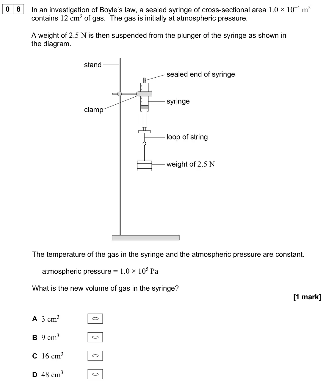 June 2025 Paper 2, question 08: In an investigation of Boyle’s law, a sealed syringe of cross-sectional area 1.0 × 10−4 m2 contains 12 cm3 of gas. The gas is initially at atmospheric pressure.