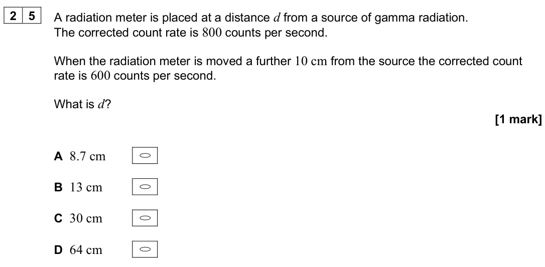June 2025 Paper 2, question 25: A radiation meter is placed at a distance d from a source of gamma radiation. The corrected count rate is 800 counts per second. When the radiation meter is mov