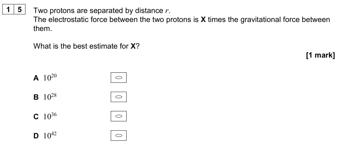 November 2021 Paper 2, question 15: Two protons are separated by distance r. The electrostatic force between the two protons is X times the gravitational force between them. What is the best estim