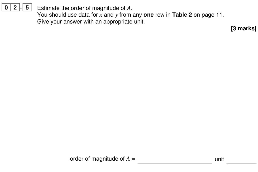 June 2018 Paper 3A, question 02.5: Estimate the order of magnitude of A. You should use data for x and y from any one row in Table 2 on page 11. Give your answer with an appropriate unit. [3 mark