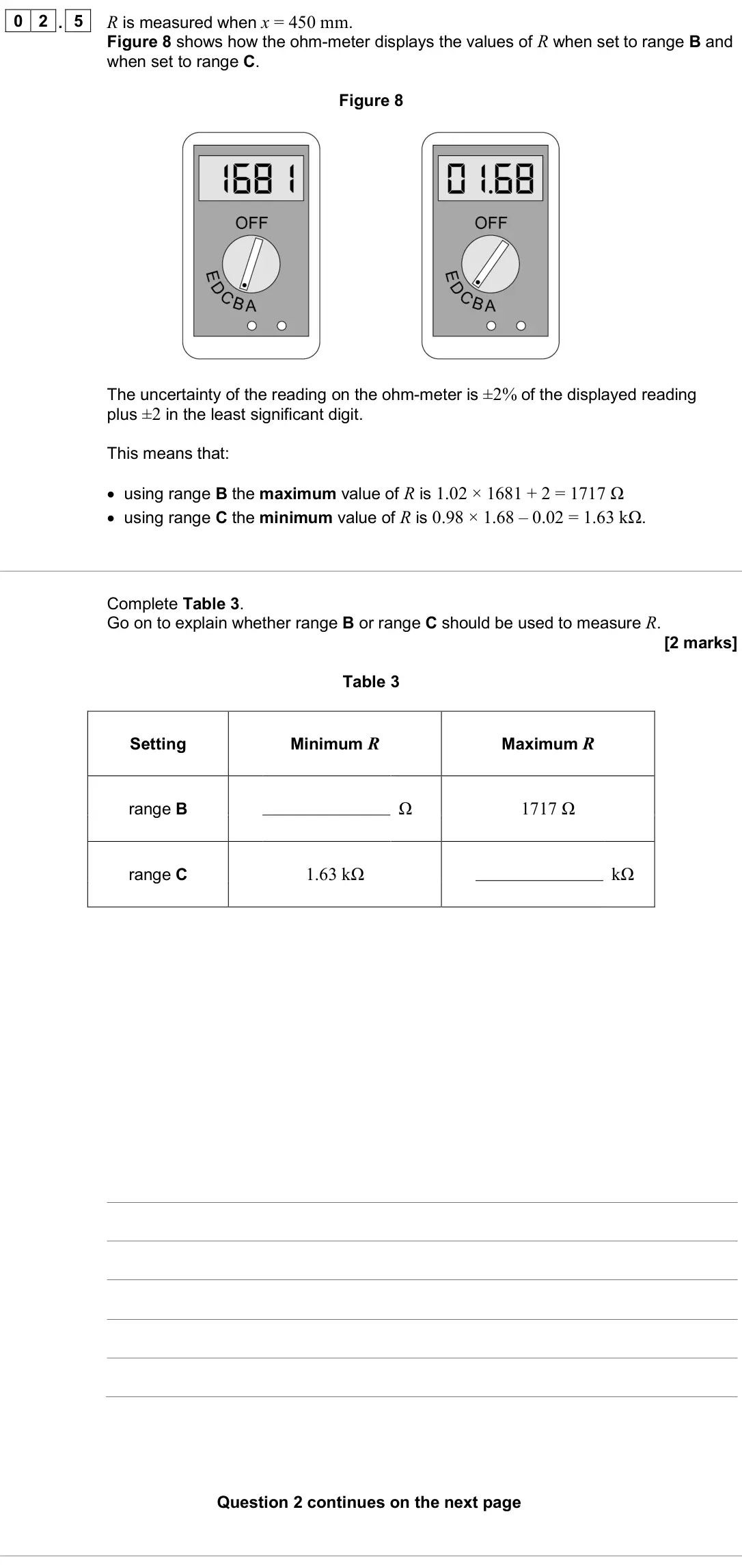 June 2024 Paper 3A, question 02.5: R is measured when x = 450 mm. Figure 8 shows how the ohm-meter displays the values of R when set to range B and when set to range C. Figure 8 The uncertainty o