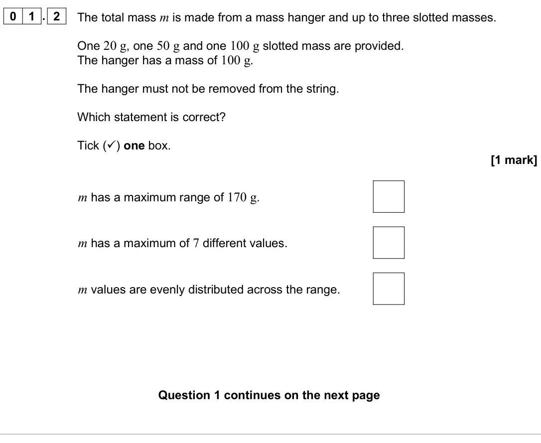 June 2025 Paper 3A, question 01.2: The total mass m is made from a mass hanger and up to three slotted masses. One 20 g, one 50 g and one 100 g slotted mass are provided. The hanger has a mass of