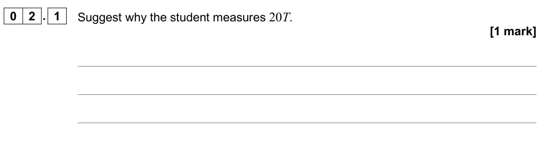 June 2025 Paper 3A, question 02.1: Suggest why the student measures 20T. [1 mark]