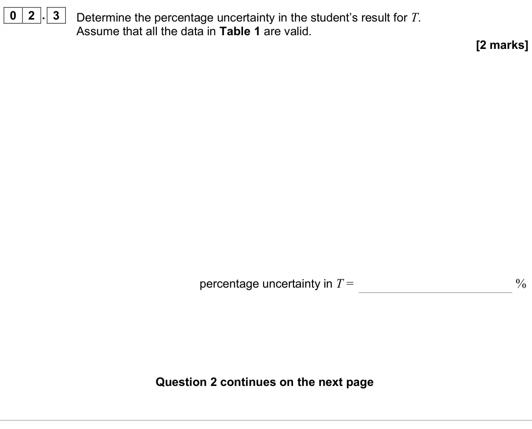 June 2025 Paper 3A, question 02.3: Determine the percentage uncertainty in the student’s result for T. Assume that all the data in Table 1 are valid. [2 marks] percentage uncertainty in T = %