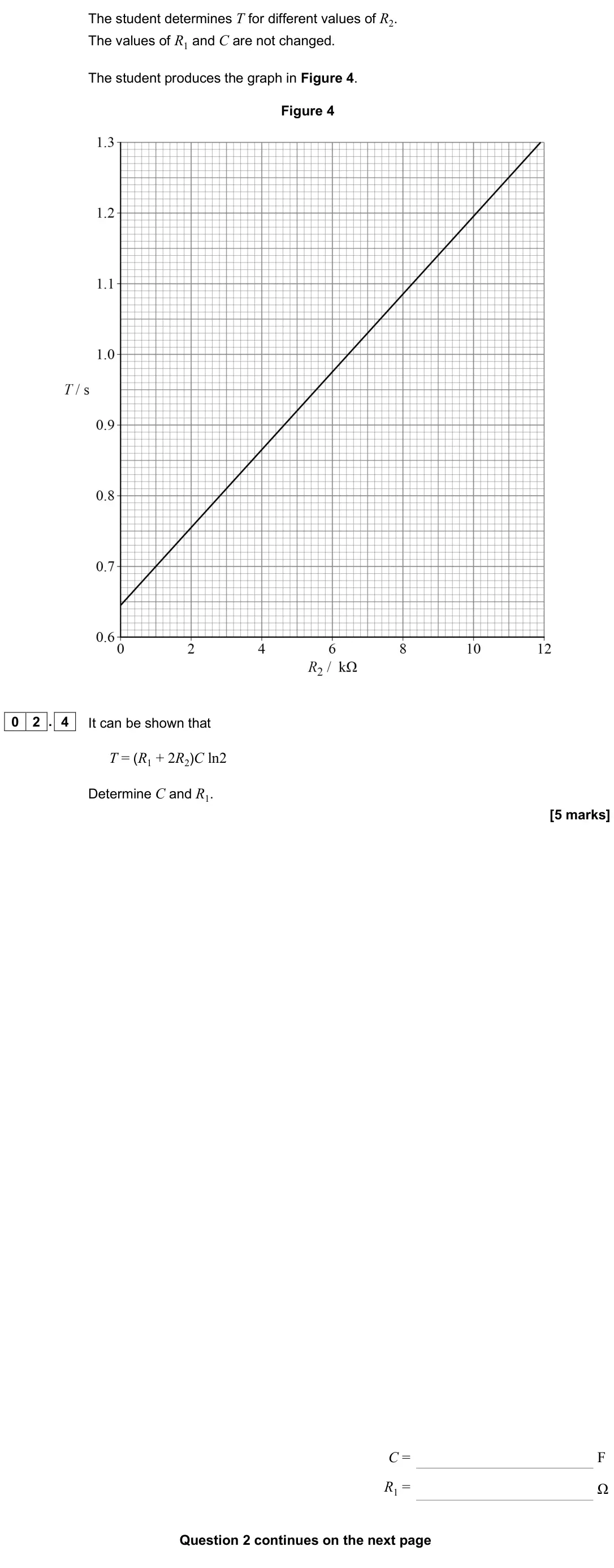 June 2025 Paper 3A, question 02.4: It can be shown that T = (R1 + 2R2)C ln2 Determine C and R1. [5 marks] C = F R1 = Ω