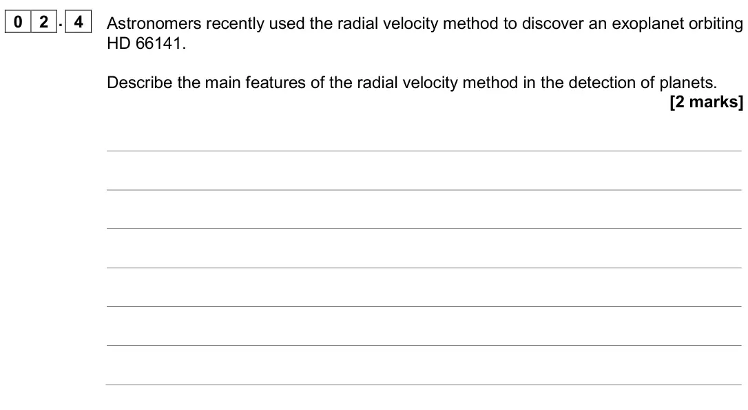 June 2019 Paper 3 Astrophysics, question 02.4: Astronomers recently used the radial velocity method to discover an exoplanet orbiting HD 66141. Describe the main features of the radial velocity method in the