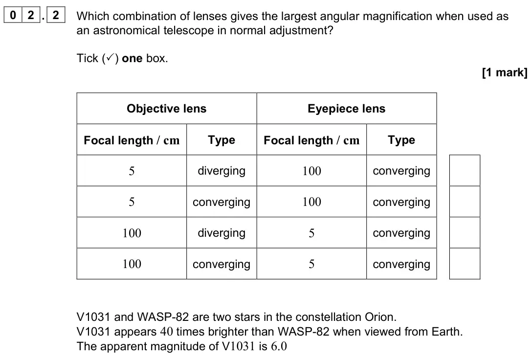 June 2023 Paper 3 Astrophysics, question 02.2: Which combination of lenses gives the largest angular magnification when used as an astronomical telescope in normal adjustment? Tick () one box. [1 mark] Obje