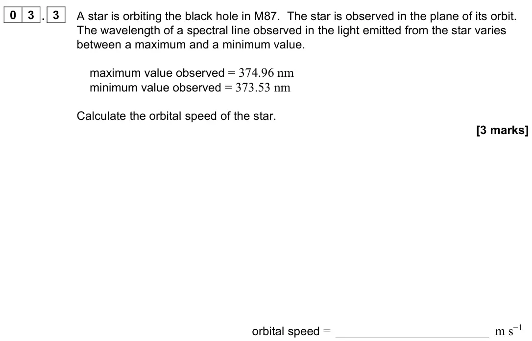 June 2023 Paper 3 Astrophysics, question 03.3: A star is orbiting the black hole in M87. The star is observed in the plane of its orbit. The wavelength of a spectral line observed in the light emitted from t