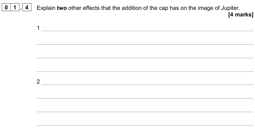 June 2024 Paper 3 Astrophysics, question 01.4: Explain two other effects that the addition of the cap has on the image of Jupiter. [4 marks] 1 2