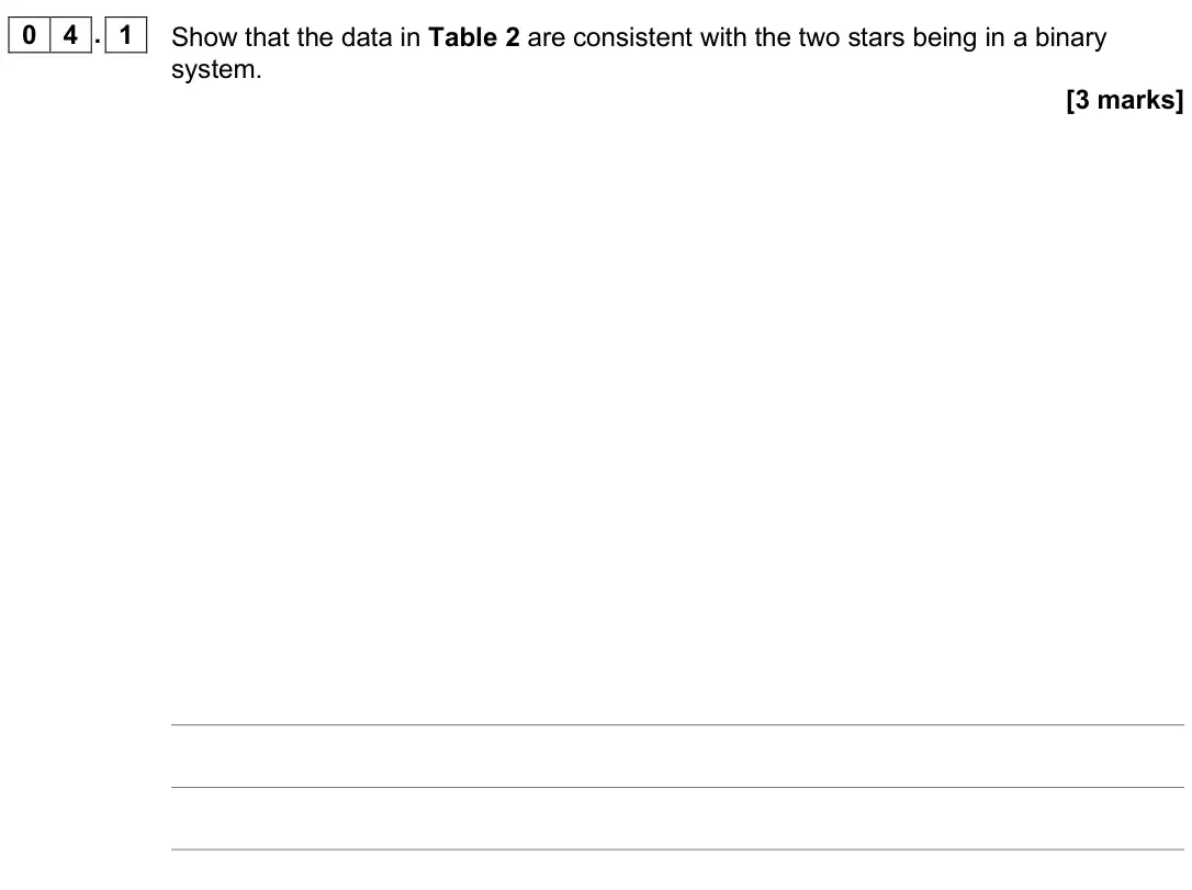 June 2025 Paper 3 Astrophysics, question 04.1: Show that the data in Table 2 are consistent with the two stars being in a binary system. [3 marks]