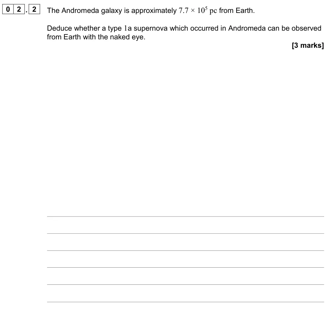 November 2021 Paper 3 Astrophysics, question 02.2: The Andromeda galaxy is approximately 7.7 × 105 pc from Earth. Deduce whether a type 1a supernova which occurred in Andromeda can be observed from Earth with th