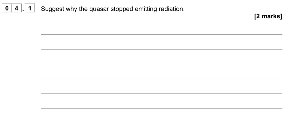 November 2021 Paper 3 Astrophysics, question 04.1: Suggest why the quasar stopped emitting radiation. [2 marks]