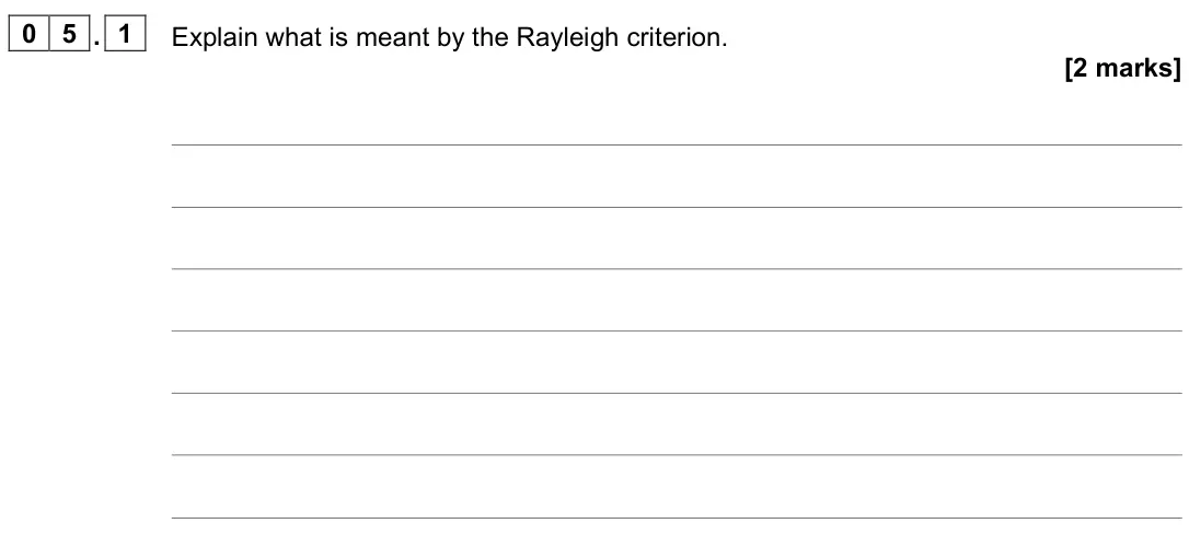 November 2021 Paper 3 Astrophysics, question 05.1: Explain what is meant by the Rayleigh criterion. [2 marks]