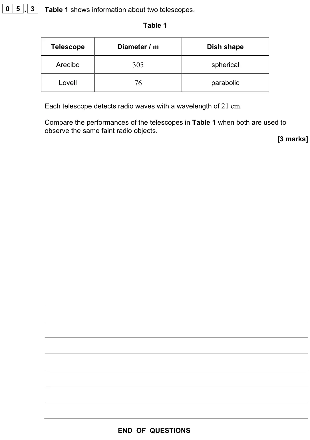 November 2021 Paper 3 Astrophysics, question 05.3: Table 1 shows information about two telescopes. Table 1 Telescope Diameter / m Dish shape Arecibo 305 spherical Lovell 76 parabolic Each telescope detects radio