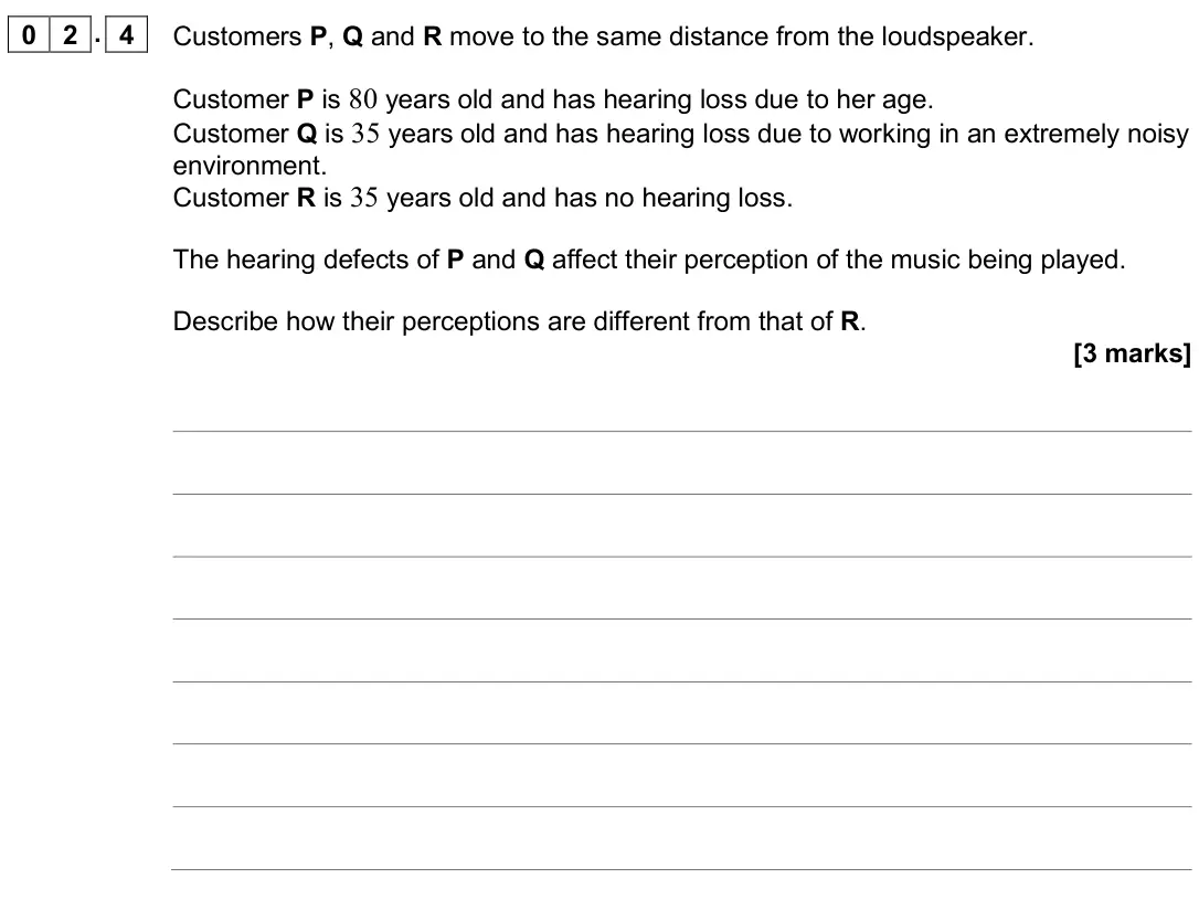 June 2019 Paper 3 Medical physics, question 02.4: Customers P, Q and R move to the same distance from the loudspeaker. Customer P is 80 years old and has hearing loss due to her age. Customer Q is 35 years old