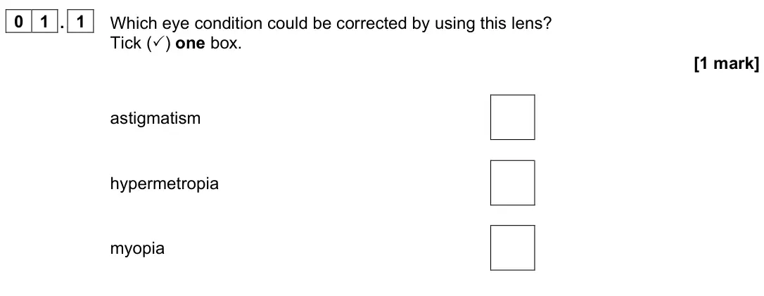 June 2022 Paper 3 Medical physics, question 01.1: Which eye condition could be corrected by using this lens? Tick () one box. [1 mark] astigmatism hypermetropia myopia
