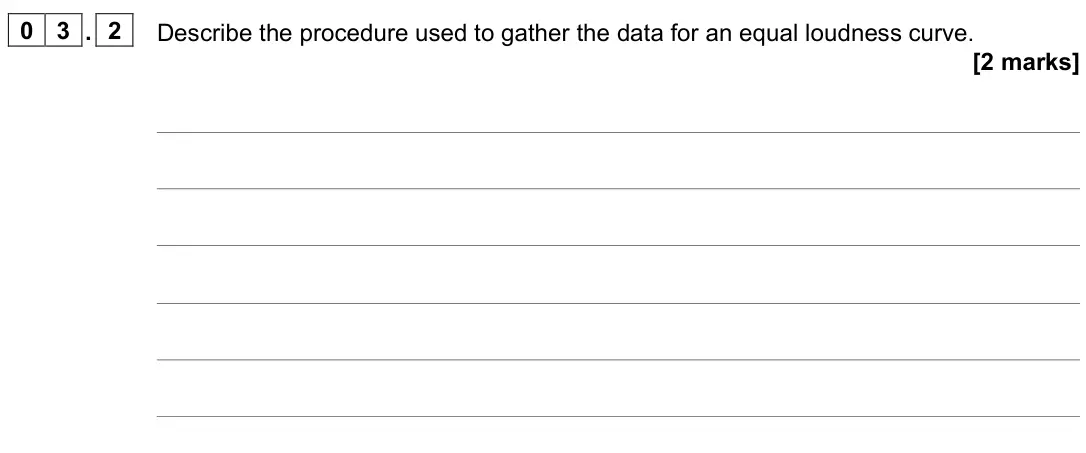 June 2022 Paper 3 Medical physics, question 03.2: Describe the procedure used to gather the data for an equal loudness curve. [2 marks]