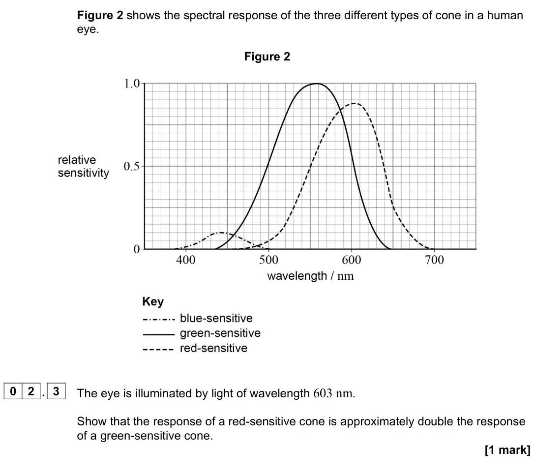 June 2023 Paper 3 Medical physics, question 02.3: The eye is illuminated by light of wavelength 603 nm. Show that the response of a red-sensitive cone is approximately double the response of a green-sensitive c