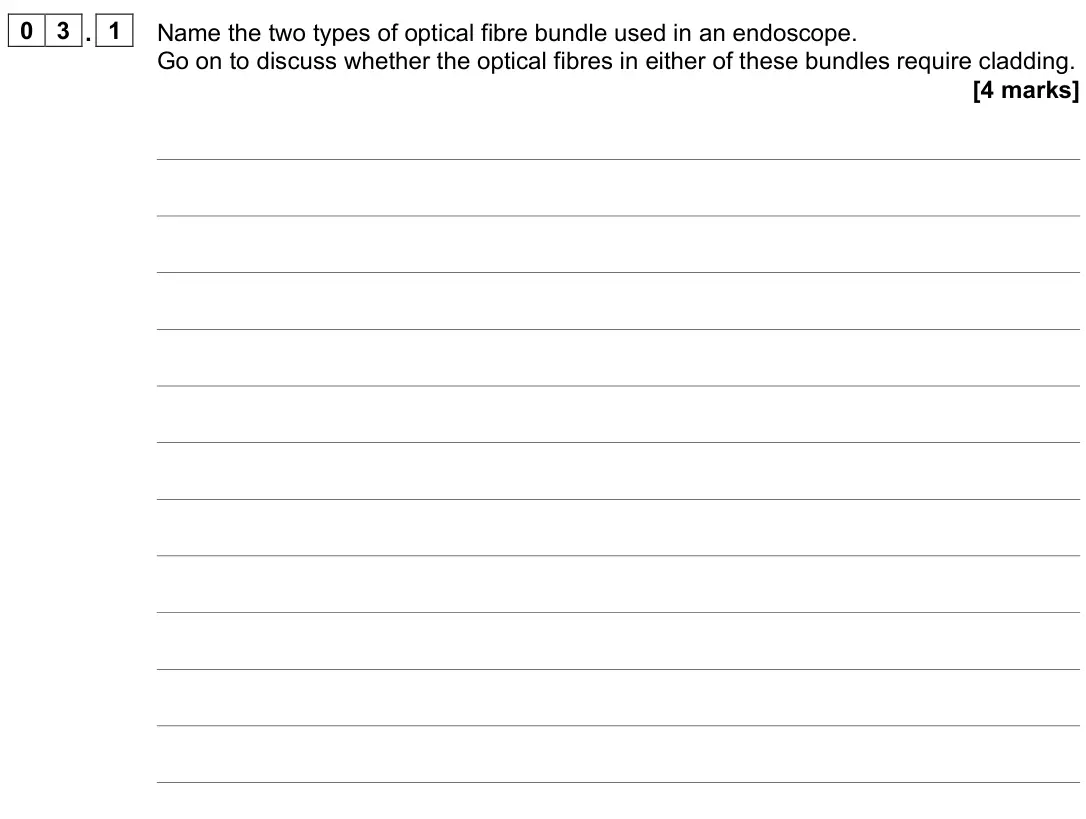 June 2024 Paper 3 Medical physics, question 03.1: Name the two types of optical fibre bundle used in an endoscope. Go on to discuss whether the optical fibres in either of these bundles require cladding. [4 mar