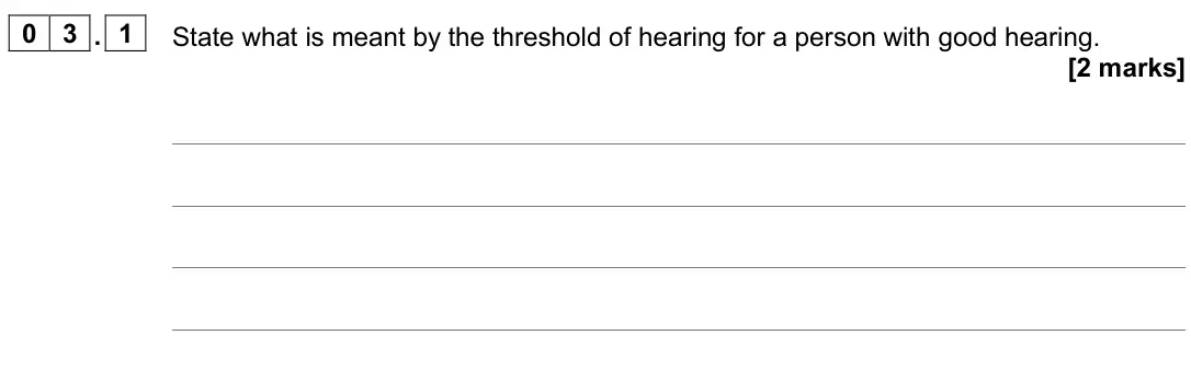 June 2025 Paper 3 Medical physics, question 03.1: State what is meant by the threshold of hearing for a person with good hearing. [2 marks]