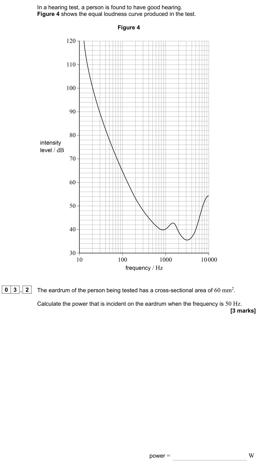 June 2025 Paper 3 Medical physics, question 03.2: The eardrum of the person being tested has a cross-sectional area of 60 mm2. Calculate the power that is incident on the eardrum when the frequency is 50 Hz. [3