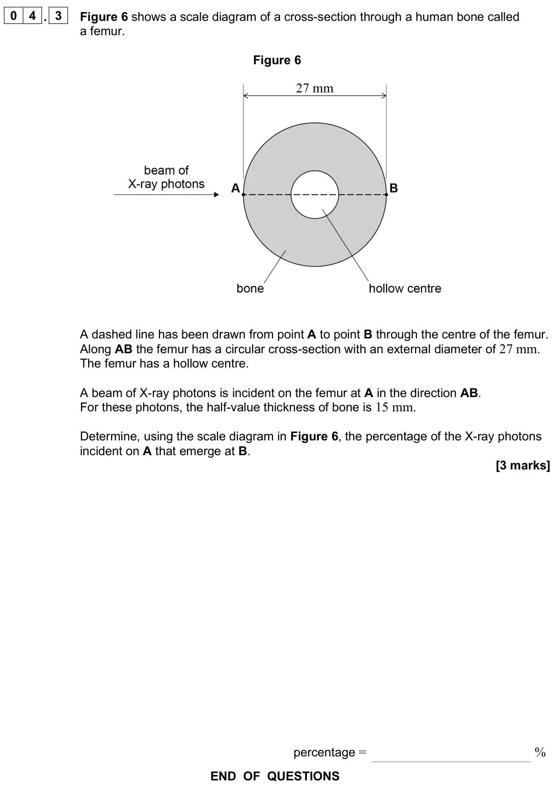 June 2025 Paper 3 Medical physics, question 04.3: Figure 6 shows a scale diagram of a cross-section through a human bone called a femur. Figure 6 A dashed line has been drawn from point A to point B through the
