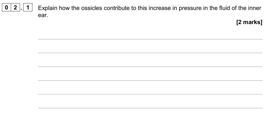 November 2020 Paper 3 Medical physics, question 02.1: Explain how the ossicles contribute to this increase in pressure in the fluid of the inner ear. [2 marks]