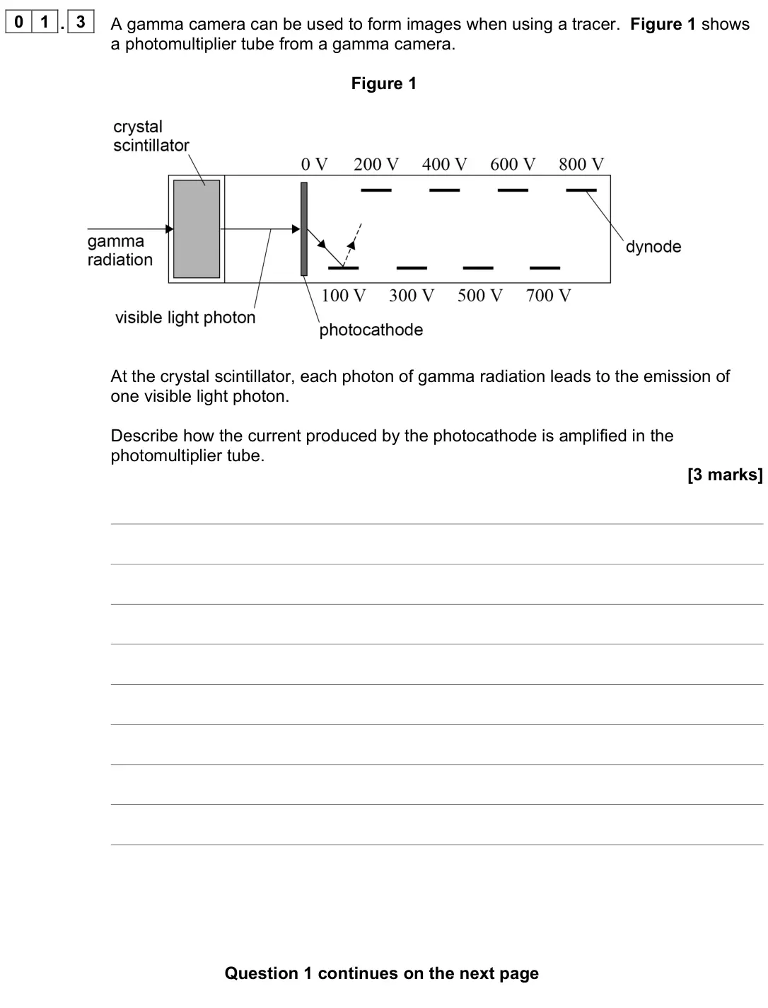November 2021 Paper 3 Medical physics, question 01.3: A gamma camera can be used to form images when using a tracer. Figure 1 shows a photomultiplier tube from a gamma camera. Figure 1 At the crystal scintillator,