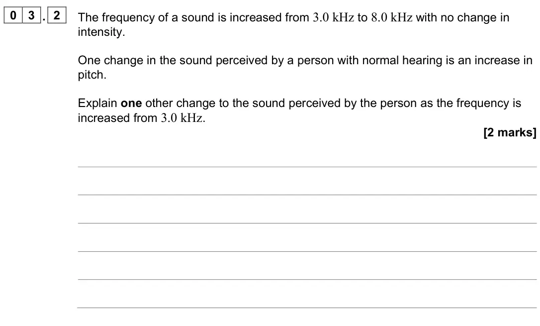November 2021 Paper 3 Medical physics, question 03.2: The frequency of a sound is increased from 3.0 kHz to 8.0 kHz with no change in intensity. One change in the sound perceived by a person with normal hearing is