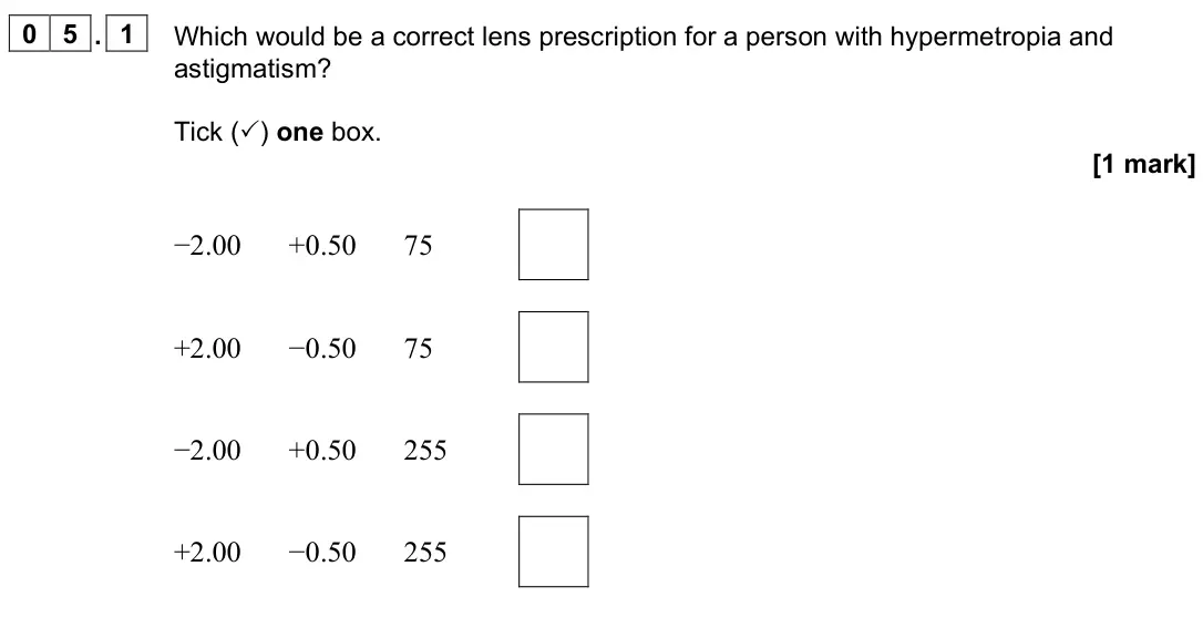 November 2021 Paper 3 Medical physics, question 05.1: Which would be a correct lens prescription for a person with hypermetropia and astigmatism? Tick () one box. [1 mark] −2.00 +0.50 75 +2.00 −0.50 75 −2.00 +0.50