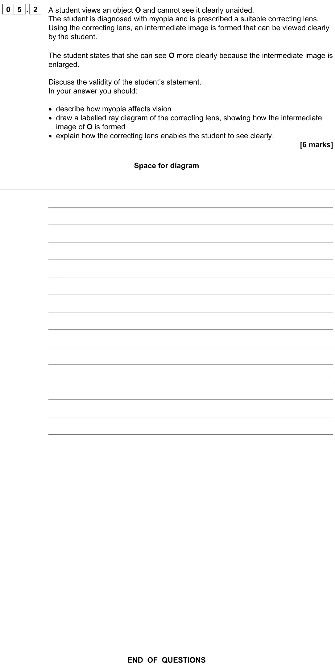 November 2021 Paper 3 Medical physics, question 05.2: A student views an object O and cannot see it clearly unaided. The student is diagnosed with myopia and is prescribed a suitable correcting lens. Using the corr