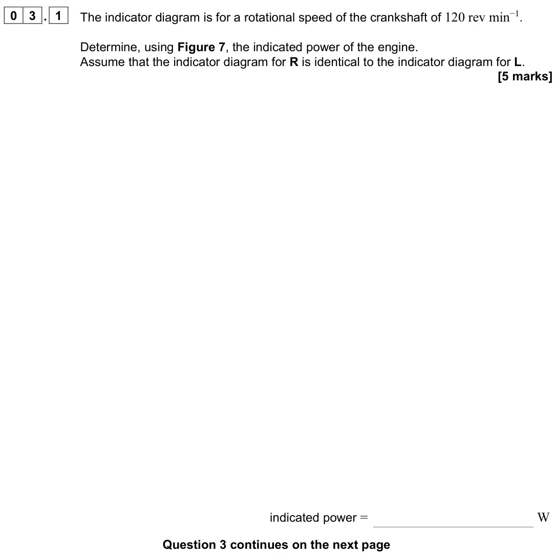 June 2024 Paper 3 Engineering physics, question 03.1: The indicator diagram is for a rotational speed of the crankshaft of 120 rev min−1. Determine, using Figure 7, the indicated power of the engine. Assume that th