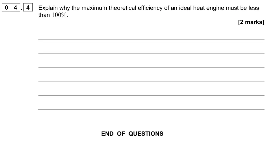 June 2024 Paper 3 Engineering physics, question 04.4: Explain why the maximum theoretical efficiency of an ideal heat engine must be less than 100%. [2 marks]