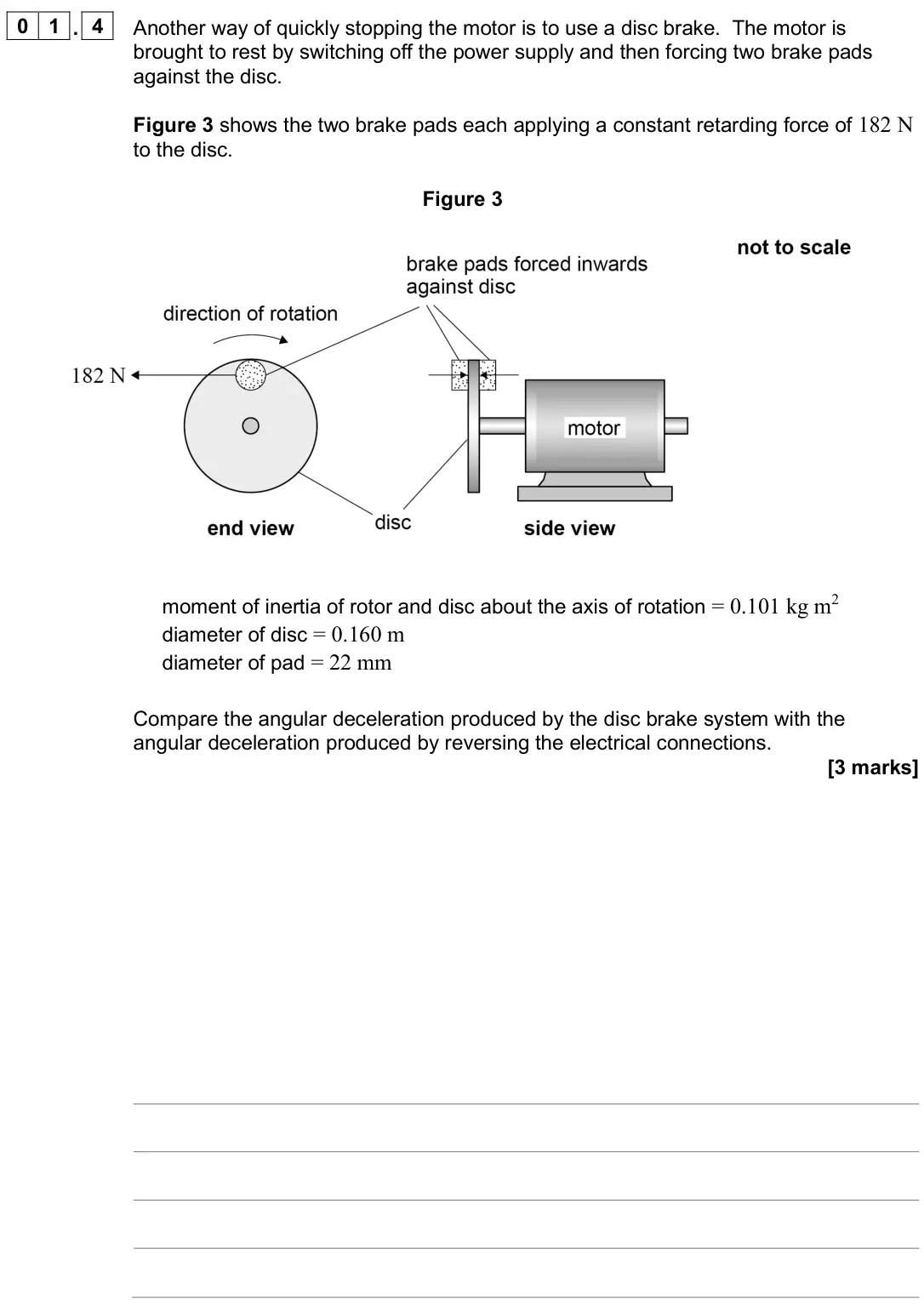June 2025 Paper 3 Engineering physics, question 01.4: Another way of quickly stopping the motor is to use a disc brake. The motor is brought to rest by switching off the power supply and then forcing two brake pads