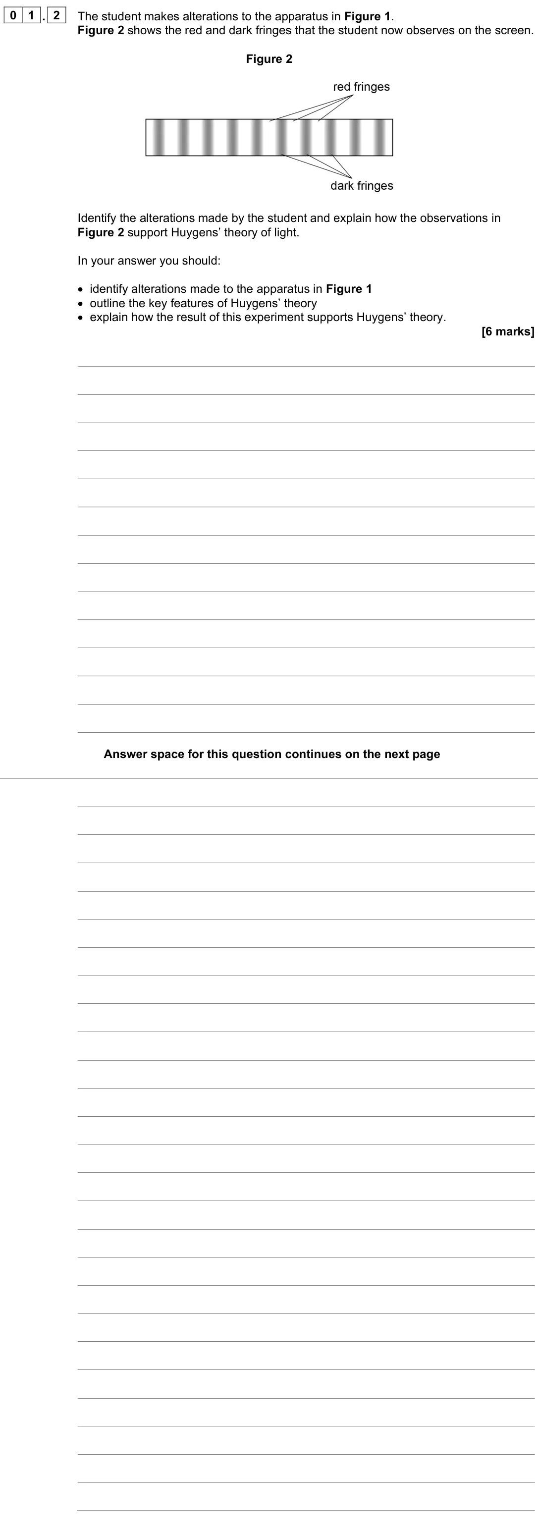 June 2022 Paper 3 Turning points, question 01.2: The student makes alterations to the apparatus in Figure 1. Figure 2 shows the red and dark fringes that the student now observes on the screen. Figure 2 Identi