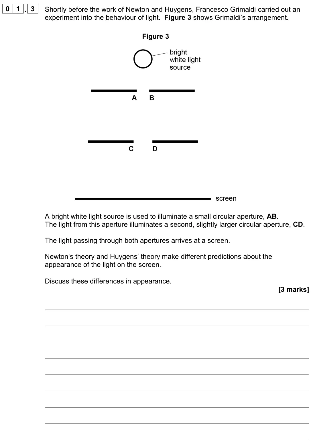 June 2022 Paper 3 Turning points, question 01.3: Shortly before the work of Newton and Huygens, Francesco Grimaldi carried out an experiment into the behaviour of light. Figure 3 shows Grimaldi’s arrangement.