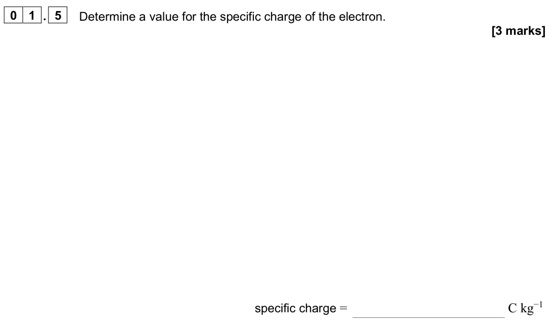 June 2025 Paper 3 Turning points, question 01.5: Determine a value for the specific charge of the electron. [3 marks] specific charge = C kg−1
