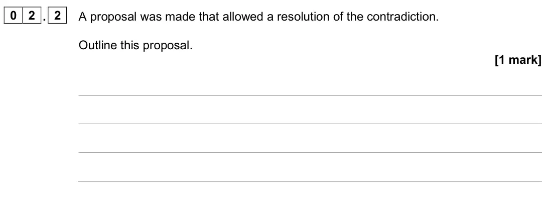 June 2025 Paper 3 Turning points, question 02.2: A proposal was made that allowed a resolution of the contradiction. Outline this proposal. [1 mark]