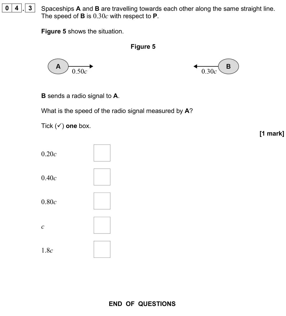 June 2025 Paper 3 Turning points, question 04.3: Spaceships A and B are travelling towards each other along the same straight line. The speed of B is 0.30c with respect to P. Figure 5 shows the situation. Figu