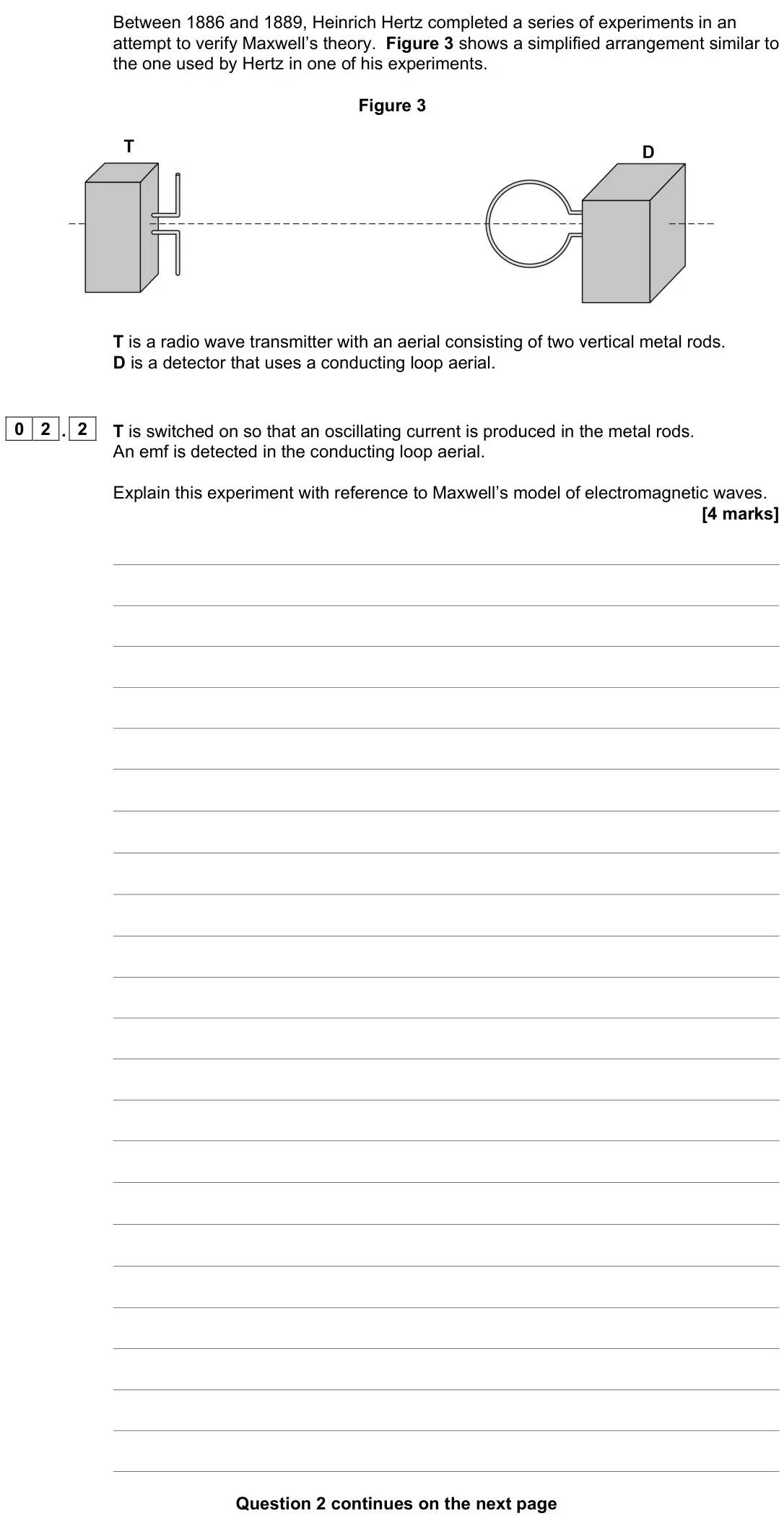 November 2021 Paper 3 Turning points, question 02.2: T is switched on so that an oscillating current is produced in the metal rods. An emf is detected in the conducting loop aerial. Explain this experiment with re