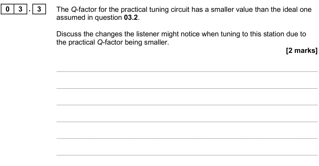 June 2017 Paper 3 Electronics, question 03.3: The Q-factor for the practical tuning circuit has a smaller value than the ideal one assumed in question 03.2. Discuss the changes the listener might notice whe