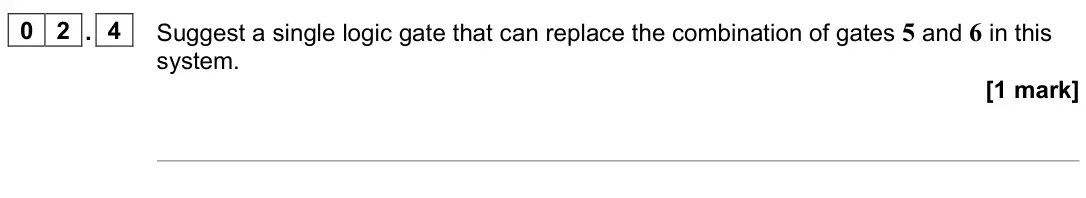 June 2022 Paper 3 Electronics, question 02.4: Suggest a single logic gate that can replace the combination of gates 5 and 6 in this system. [1 mark]
