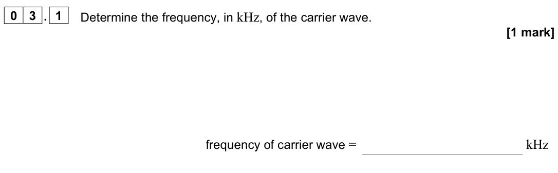 June 2022 Paper 3 Electronics, question 03.1: Determine the frequency, in kHz, of the carrier wave. [1 mark] frequency of carrier wave = kHz
