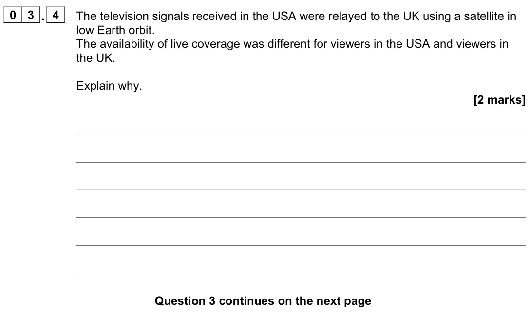 June 2023 Paper 3 Electronics, question 03.4: The television signals received in the USA were relayed to the UK using a satellite in low Earth orbit. The availability of live coverage was different for view