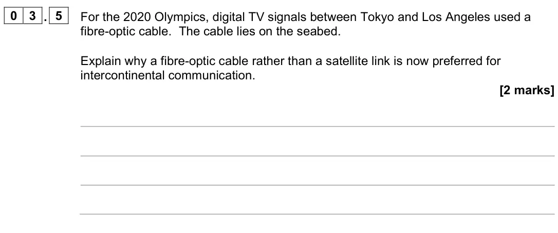 June 2023 Paper 3 Electronics, question 03.5: For the 2020 Olympics, digital TV signals between Tokyo and Los Angeles used a fibre-optic cable. The cable lies on the seabed. Explain why a fibre-optic cable