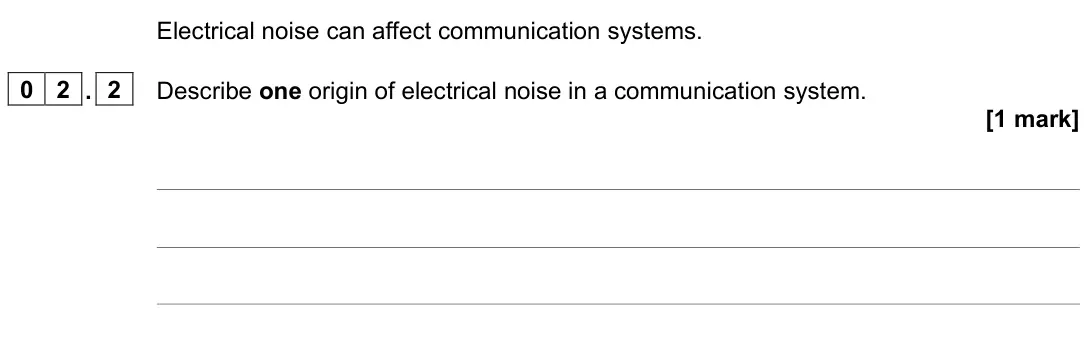 June 2024 Paper 3 Electronics, question 02.2: Describe one origin of electrical noise in a communication system. [1 mark]