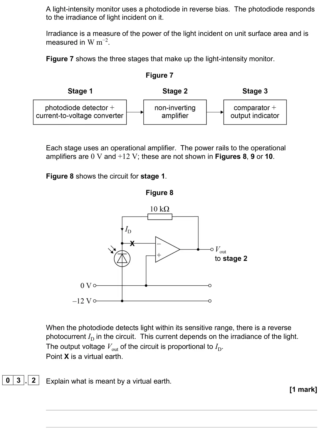 June 2025 Paper 3 Electronics, question 03.2: Explain what is meant by a virtual earth. [1 mark]