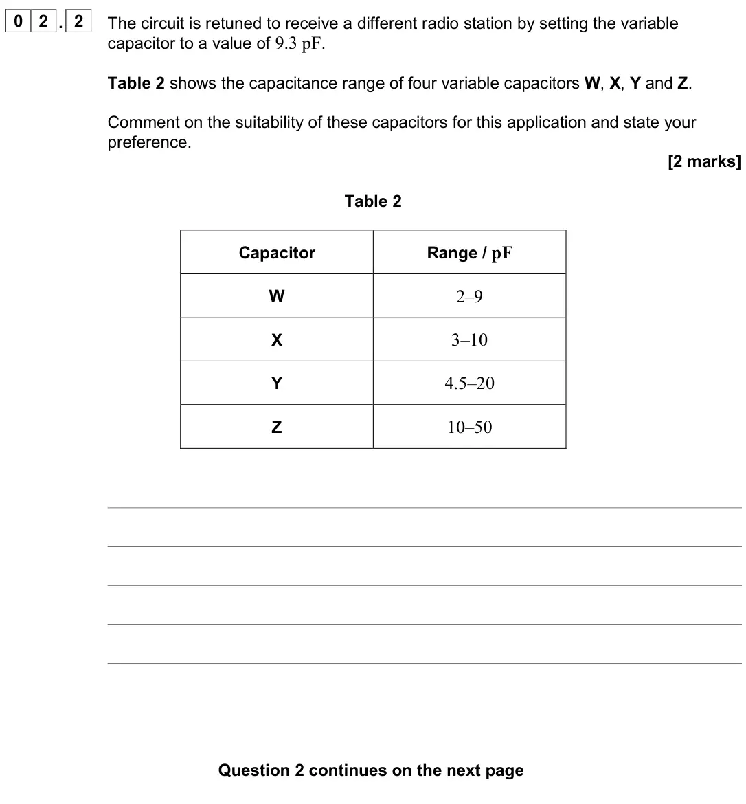 November 2020 Paper 3 Electronics, question 02.2: The circuit is retuned to receive a different radio station by setting the variable capacitor to a value of 9.3 pF. Table 2 shows the capacitance range of four