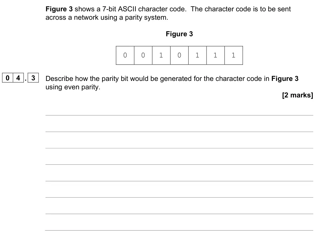 June 2022 AS Paper 2, question 04.3: Describe how the parity bit would be generated for the character code in Figure 3 using even parity. [2 marks]