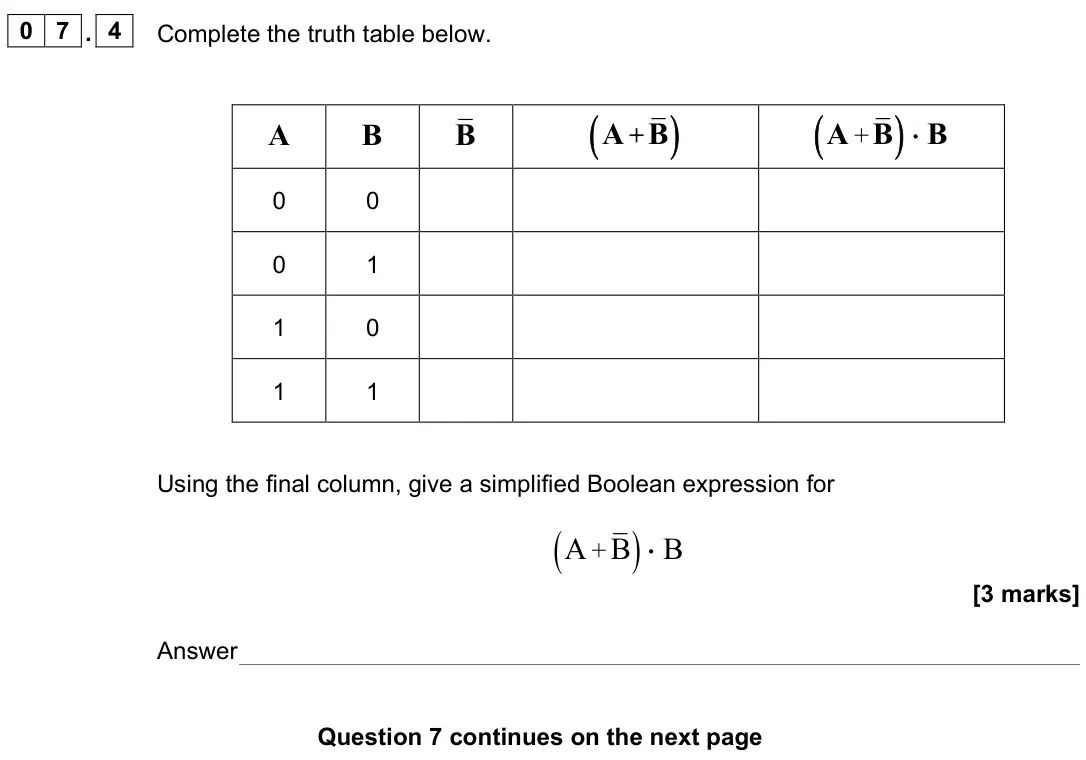 June 2022 AS Paper 2, question 07.4: Complete the truth table below. A B B + A B + A B B 0 0 0 1 1 0 1 1 Using the final column, give a simplified Boolean expression for ( ) + A B B [3 marks] Answe